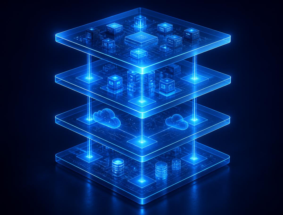 Layered holographic panels showing an AI system architecture stack