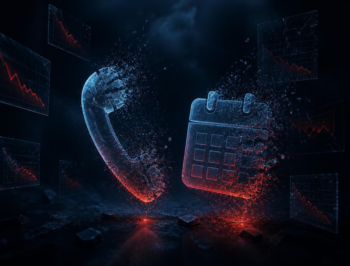 Holographic phone and calendar icons fracturing into particles above declining charts