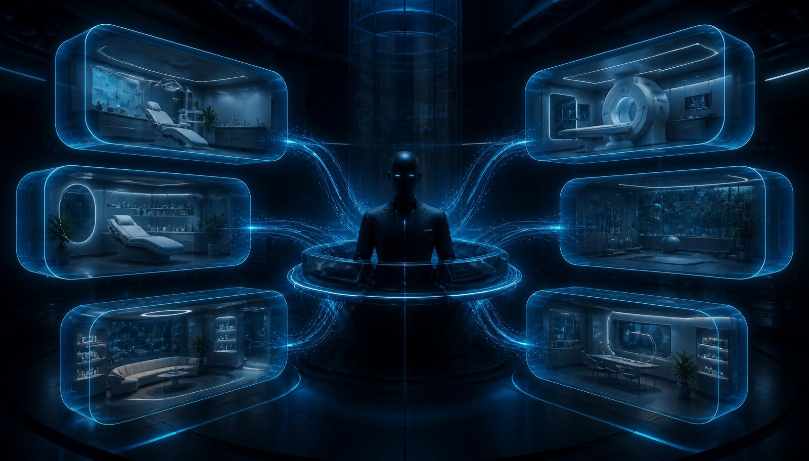 Dark cinematic clinic interior with holographic patient interfaces